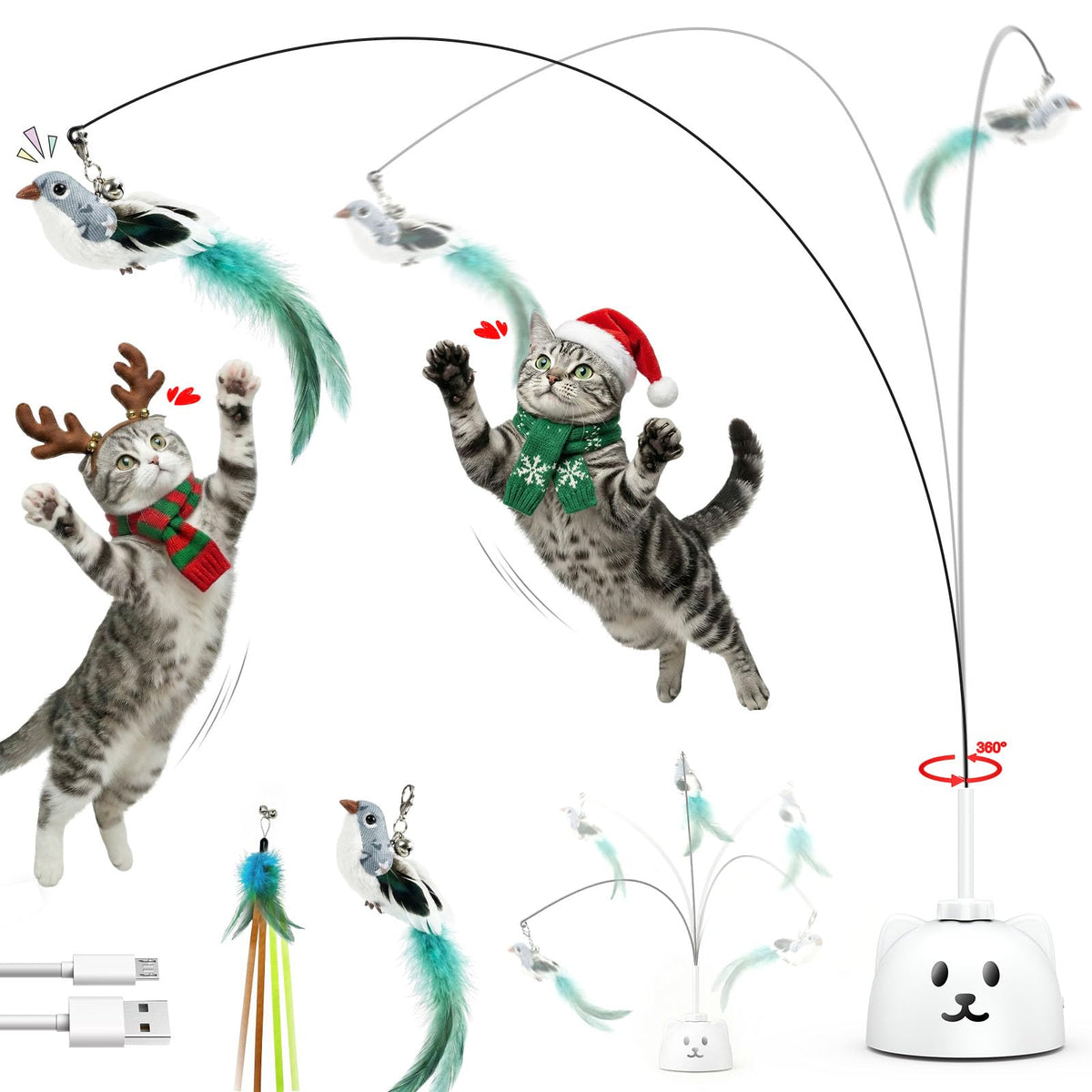 Interactive Cat Toys for Indoor Cats: Upgraded 360° Automatic Spin Flying Bird Feather Wand with Silicone Protected Rod Safe Play, Strong 8cm Suction
