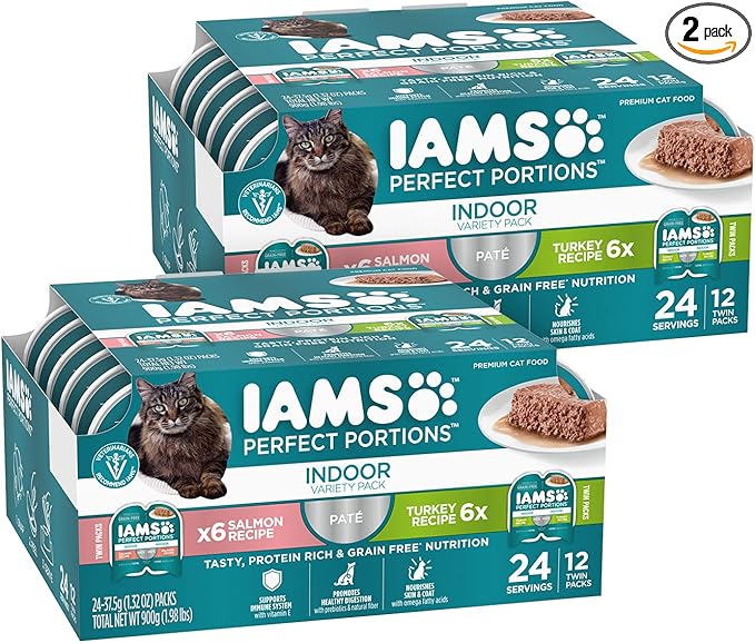IAMS Perfect Portions Indoor Adult Grain Free Wet Cat Food Pate, Turkey and Salmon Recipe, 2.6 oz. Twin-Pack Trays (12 Count, 24 Servings) (Pack of 2)