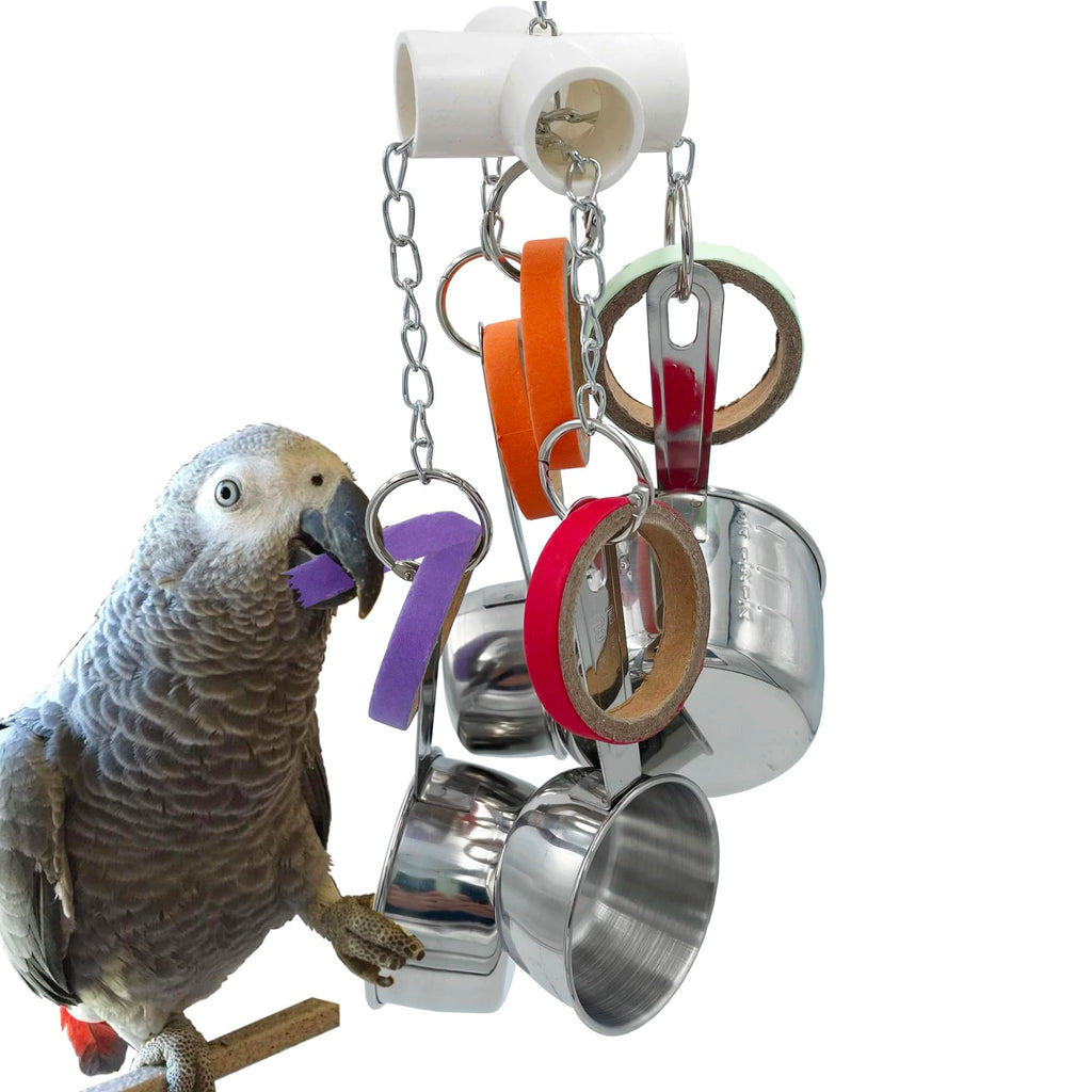 Durable Bird Parrots Pots and Bagel Toys, Pullable Stainless Steel Cup and Cardboard Ring Toys for s Mini Macaws African Greys Cockatoos Eclectus