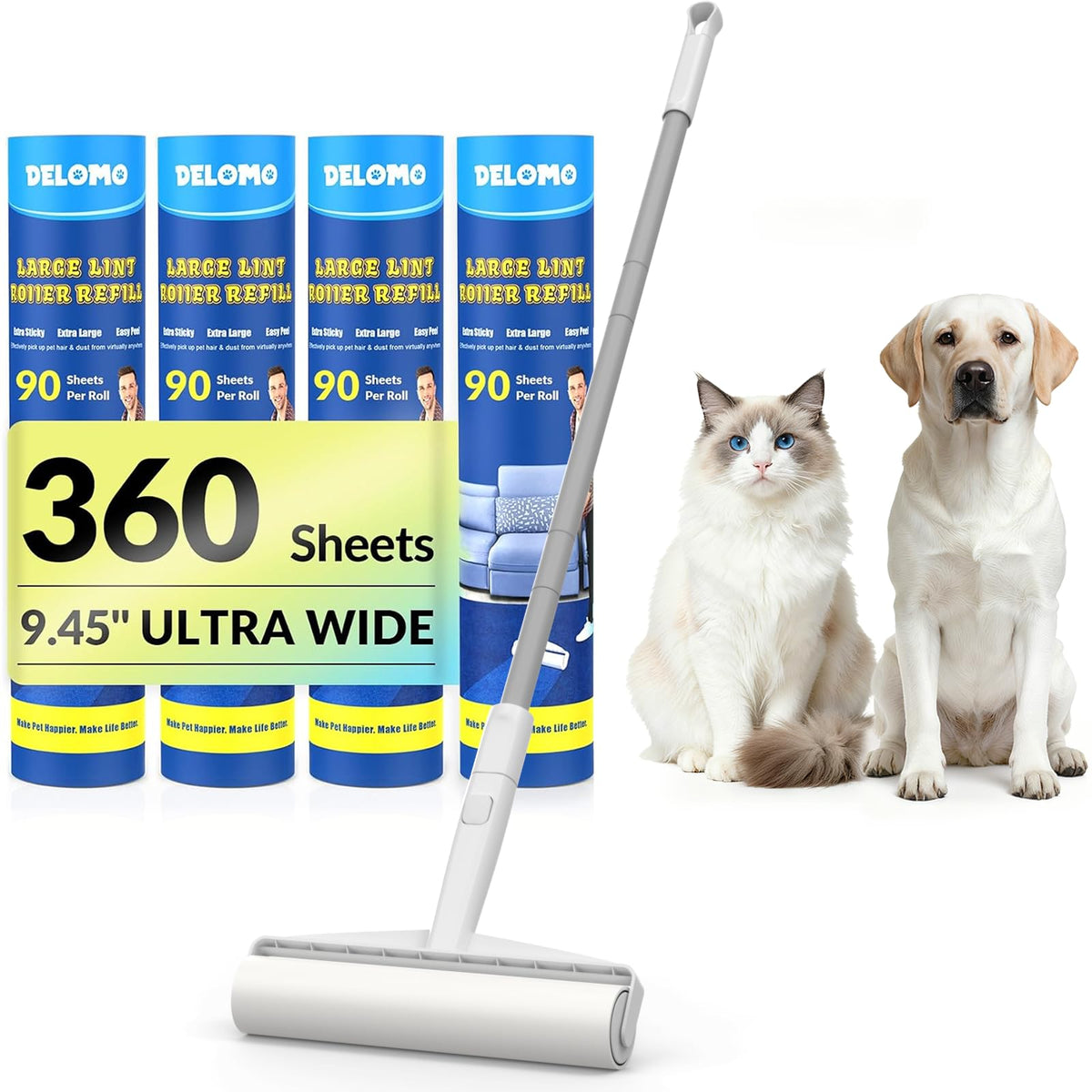 Large Lint Roller for Floors Carpet Furniture Bed – 9.45" Wide Extra Sticky Pet Hair Remover, 4 Refills 360 Sheets Value Pack, Long Handle for