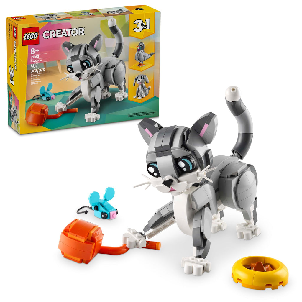 LEGO Creator 3 in 1 Playful Cat Toy - Building Toy with 3 Building Options, Cat, Dog, or Pigeon - Birthday Gift for Kids - Animal Figures for Kids