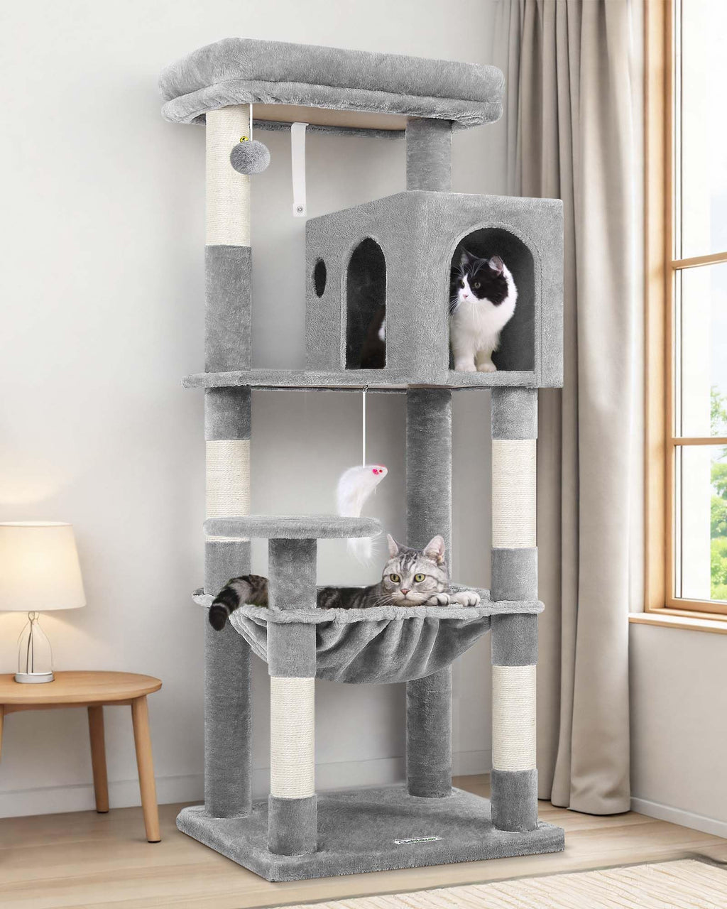 Globlazer Cat Tree Tower with Scratching Post for Indoor Cats, 53inch Tall Plush Multi-Level Cat Climbing Tower Condo House with Large Hammock
