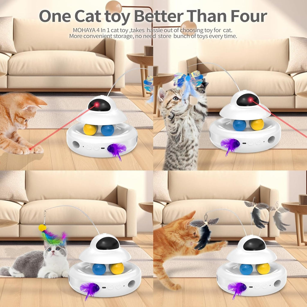 Interactive Cat Toys for Indoor Cats,4-in-1 Automatic Kitten Toy with Laser, Fluttering Butterfly, Moving Feather & Track Balls, USB Rechargeable
