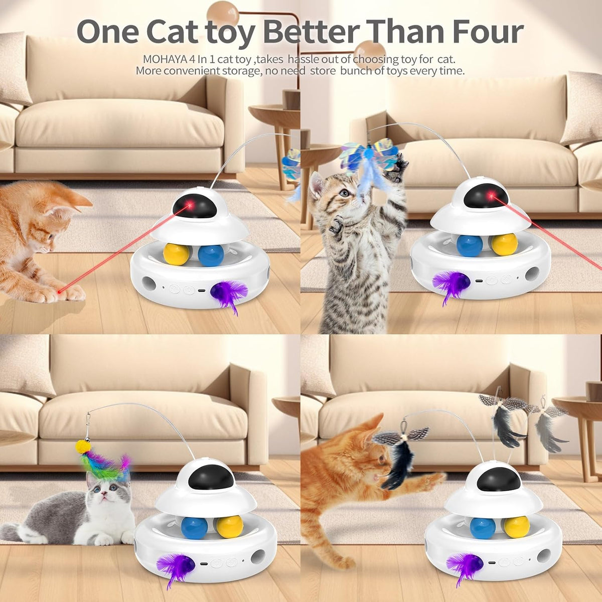Interactive Cat Toys for Indoor Cats,4-in-1 Automatic Kitten Toy with Laser, Fluttering Butterfly, Moving Feather & Track Balls, USB Rechargeable