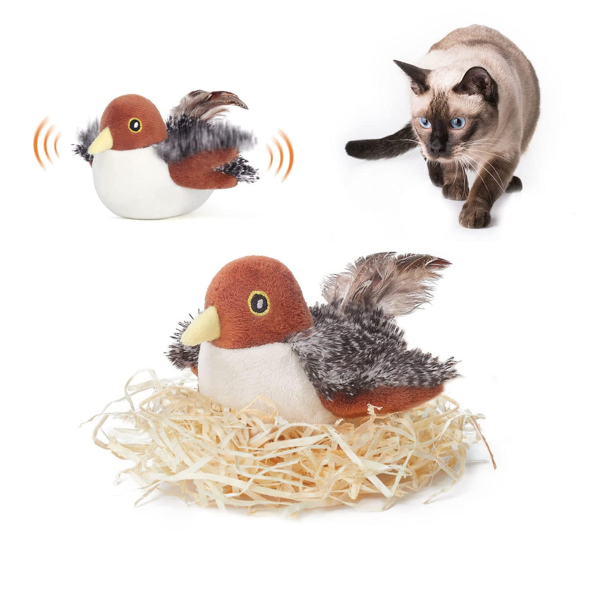 Potaroma Cat Toys Rechargeable Flapping Bird Sparrow, Lifelike Chirp Tweet, Touch Activated Kitten Toy Interactive Cat Exercise Toys for All Breeds
