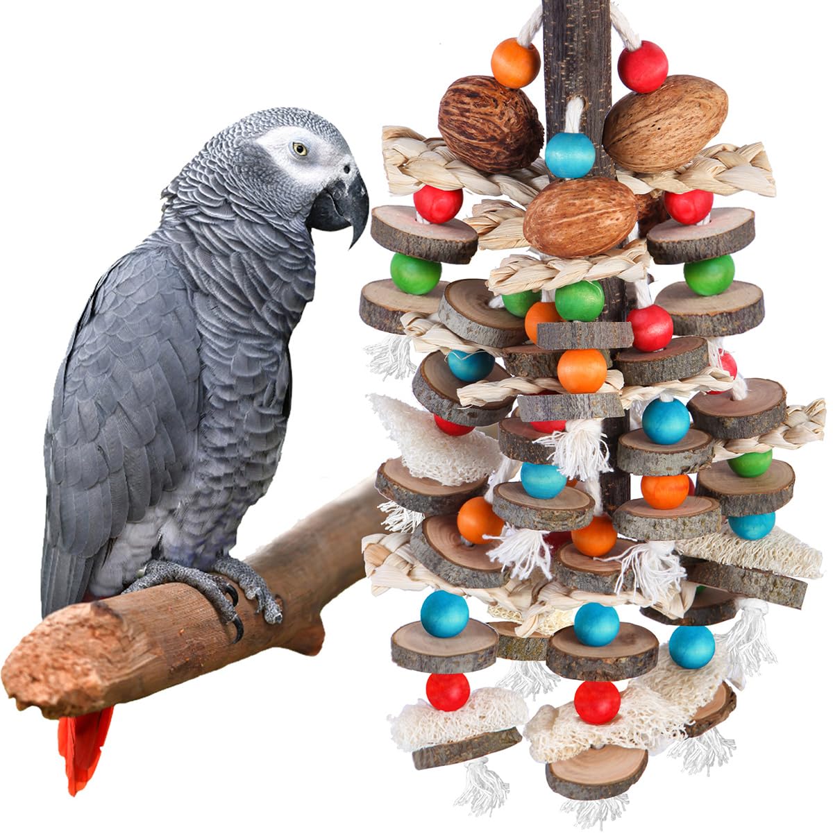 BBjinronjy Large Parrot Toys Bird Chewing Toys-Natural Nuts Corn Loofah Wooden Bird Cage Toy for African Grey,Macaws,Conure,Cokatoos,Cockatiel