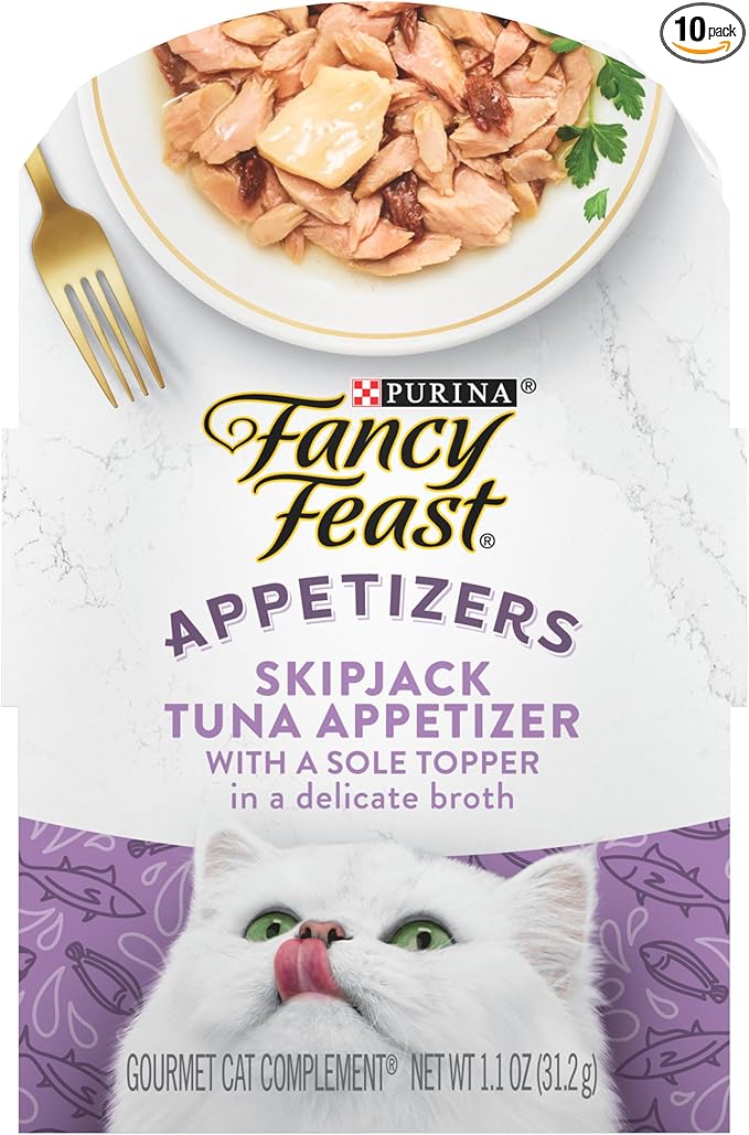 Purina Fancy Feast Appetizers Lickable Grain Free Wet Cat Food Topper Skipjack Tuna Appetizer with Sole - (Pack of 10) 1.1 oz. Trays