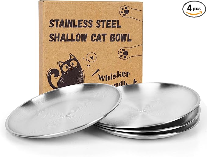4-Pack Stainless Steel Cat Food Bowls, Shallow Whisker-Friendly Non-Slip Silicone Base Metal Dishes, Easy to Clean Indoor Feeding Flat Plates for