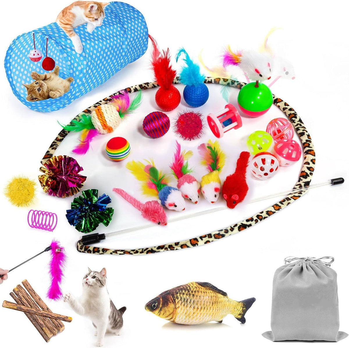 AILUKI 35 PCS Cat Toys Kitten Toys Assortments,Variety Catnip Toy Set Including 2 Way Tunnel,Cat Feather Teaser,Catnip Fish,Mice,Colorful Balls and