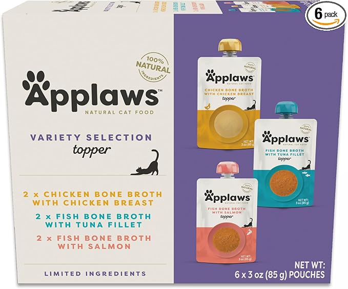 Applaws Bone Broth Fish & Chicken Variety 12-Pack Lickable Wet Cat Food Topper, High Protein, Limited Ingredient, Grain Free, No Artificial Additives