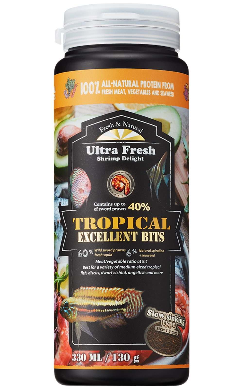 Ultra Fresh Tropical Fish Food, Wild Sword Prawn, Natural Color Enhancement, Slow Sinking Pellet for Discus, Angelfish, Medium Sized Cichlids and