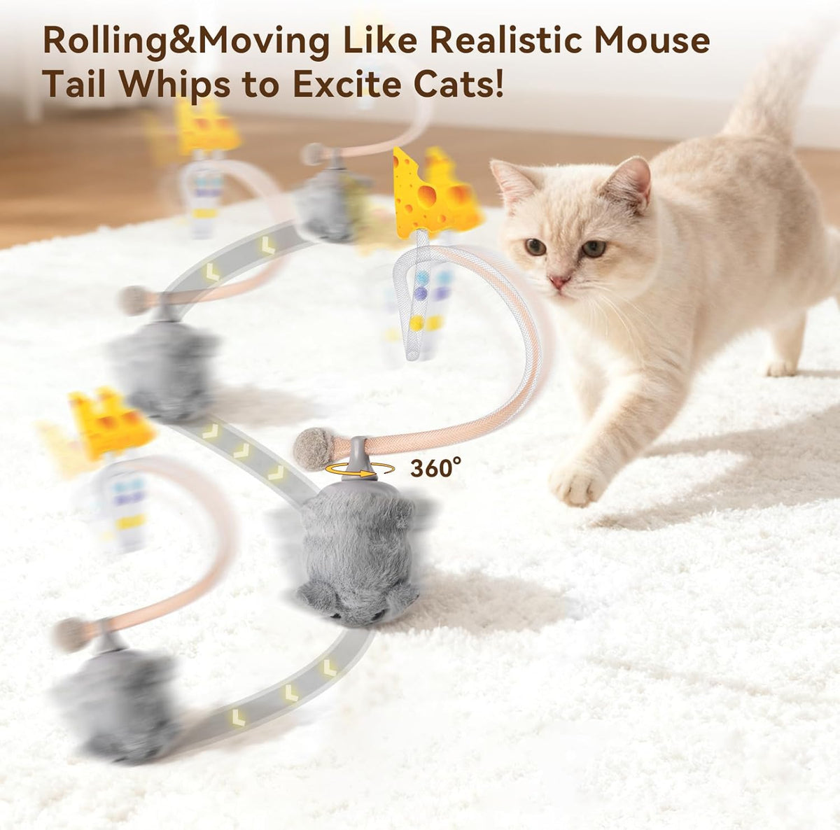 Migipaws Interactive MigiMouse Cat Toy 360° Rolling & Spin with Wiggling Tail for Indoor Cats Smart Motion Sensor, Realistic Squeak, Rechargeable