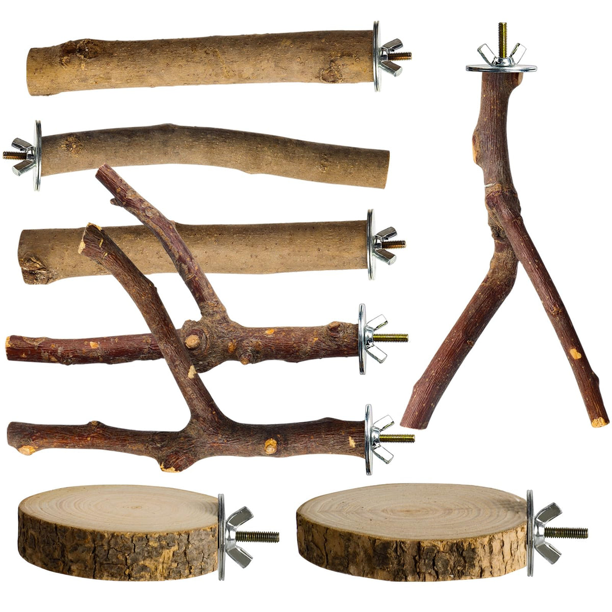 8 Pack Natural Wood Bird Perches, Parrot Perch Stand Bird Cage Accessories for Budgerigar Cockatiels, Conures, Lovebirds