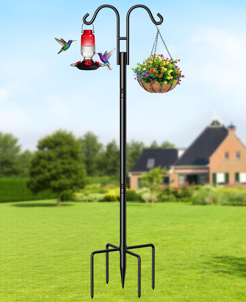 Double Shepherds Hooks, 76 Inch Bird Feeder Pole with 5-Prong Base, 3/4 Inch Thick Heavy Duty Adjustable Garden Hooks for Hanging Plants, Hummingbird