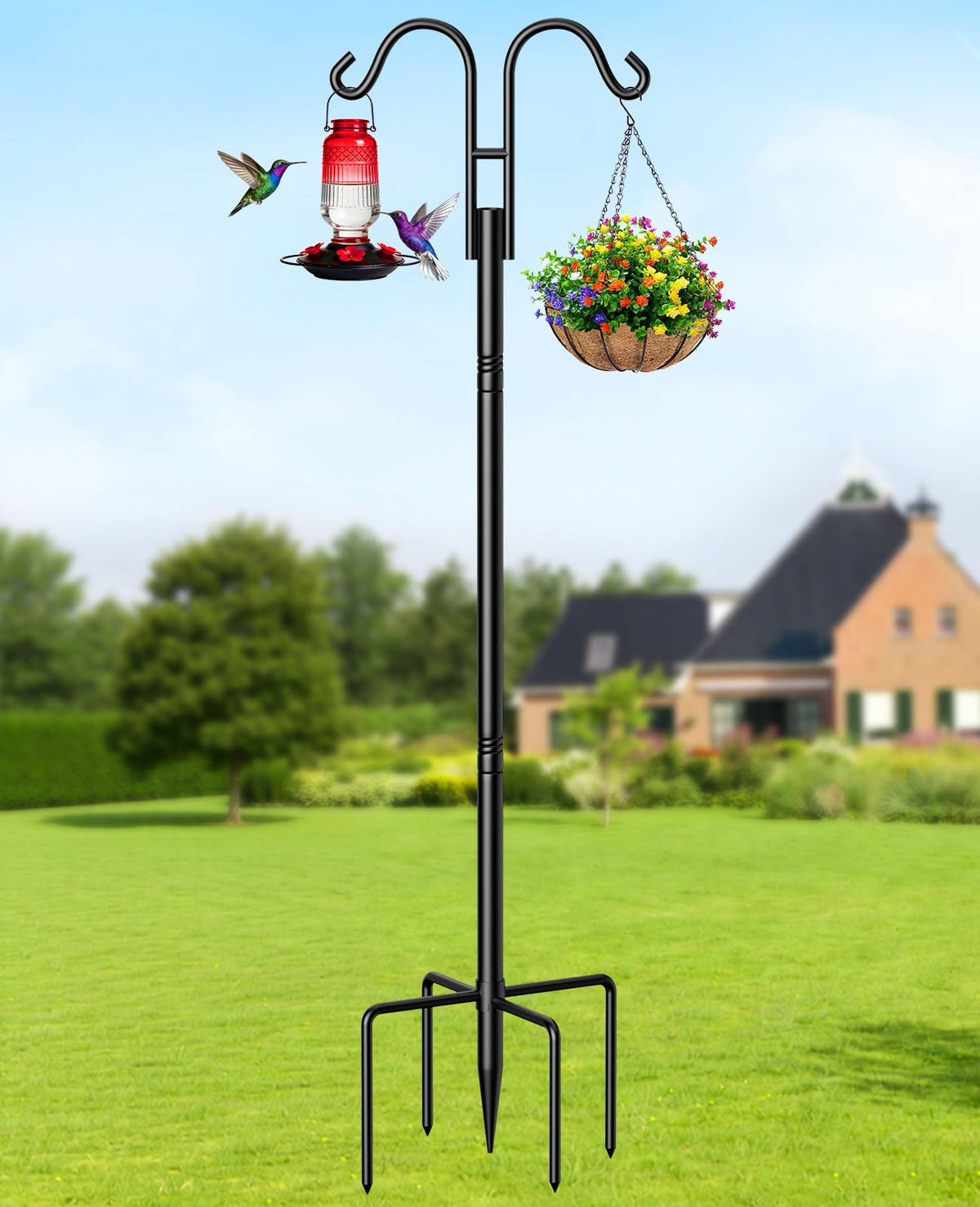 Double Shepherds Hooks, 76 Inch Bird Feeder Pole with 5-Prong Base, 3/4 Inch Thick Heavy Duty Adjustable Garden Hooks for Hanging Plants, Hummingbird