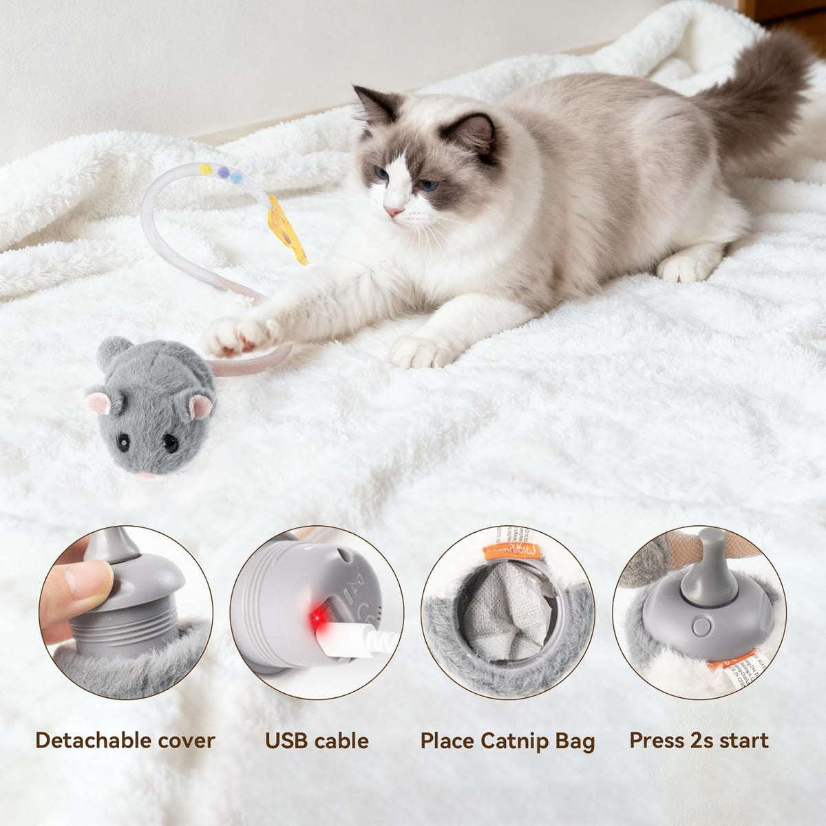 Migipaws Interactive MigiMouse Cat Toy 360° Rolling & Spin with Wiggling Tail for Indoor Cats Smart Motion Sensor, Realistic Squeak, Rechargeable