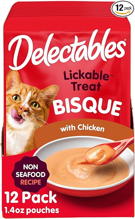 Delectables Lickable Treat Bisque Non-Seafood Wet Cat Treat with Real Chicken, Food Topper, Hydrating, Grain-Free, No Fillers, By-Products, Added