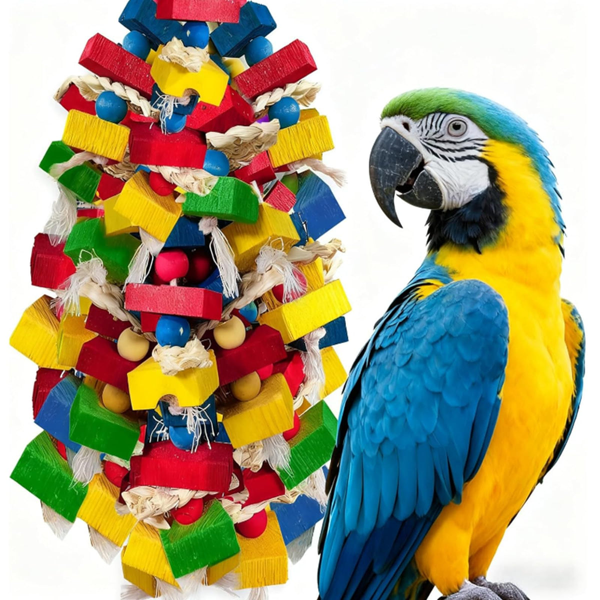 Parrot Toys for Large Birds, Multicolored Wooden Blocks Bird Chewing Toy Parrot Cage Bite Toy for Macaws Cokatoos African Grey and Large Medium