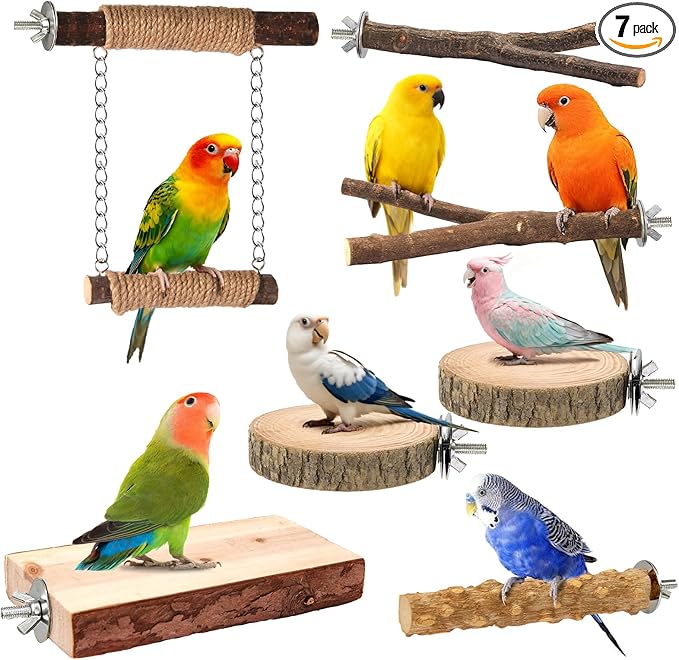 7-Piece Bird Perches for Cage- Wooden Parrot Stand with Fork Toys, Hanging Multi-Branch Platform, Hammock Swing, Gym Playstand & Chewing Toys - for