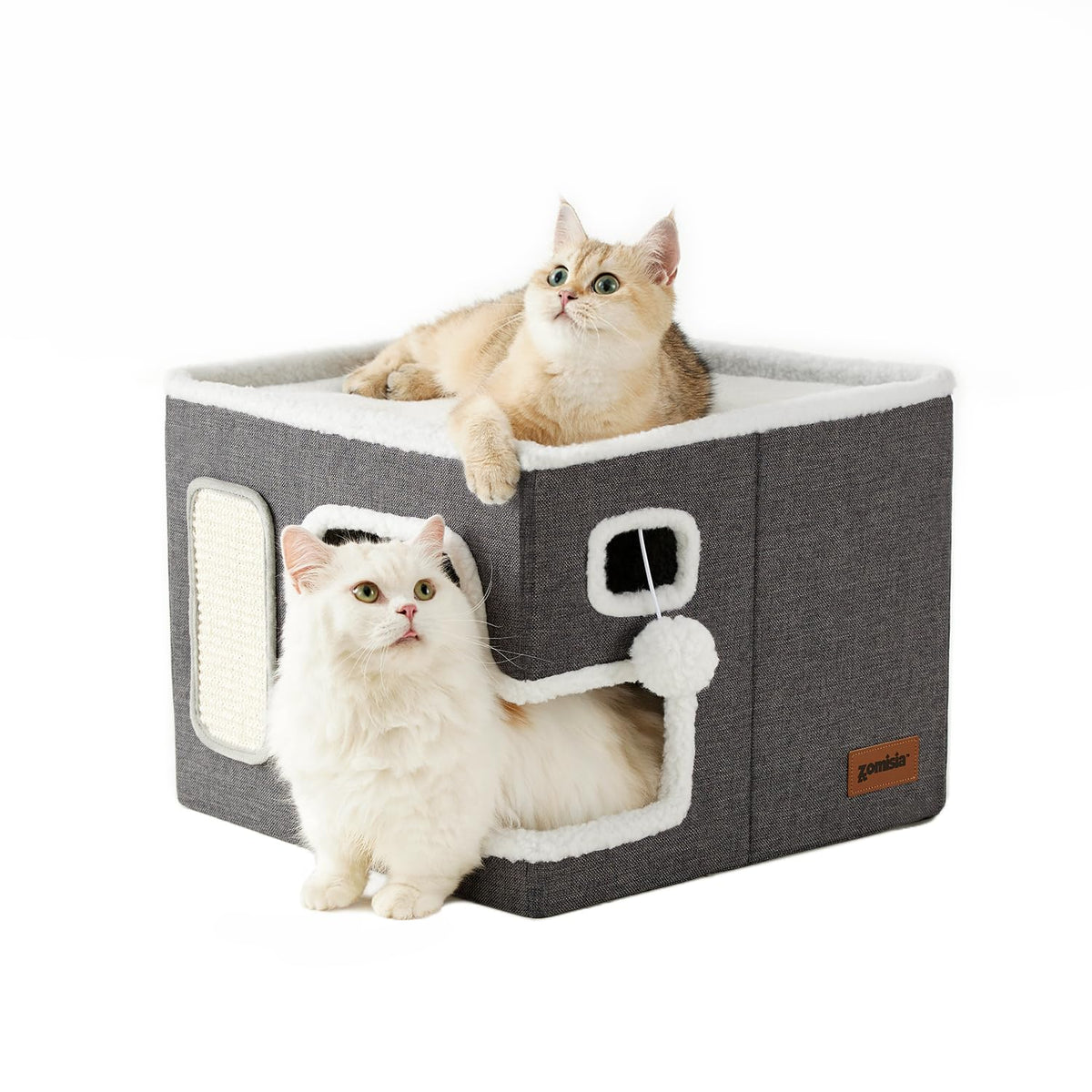 ZOMISIA Cat Beds for Indoor Cats - Large Cat House for Pet with Fluffy Ball Hanging and Scratch Pad, Foldable Cat Hideaway,16.5x16.5x13 inches, Grey