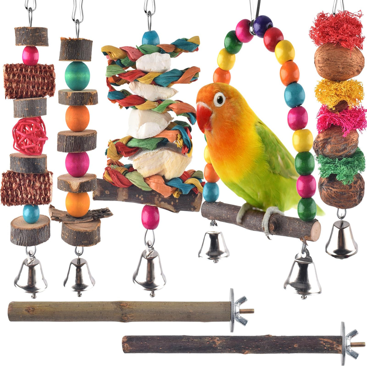 Bissap Bird Chew Toys, 7 Packs Parakeet Natural Wood Toys Parrot Hanging Cage Toy Perch Stand for Small Birds Conure Cockatiel Parrotlet Lovebird