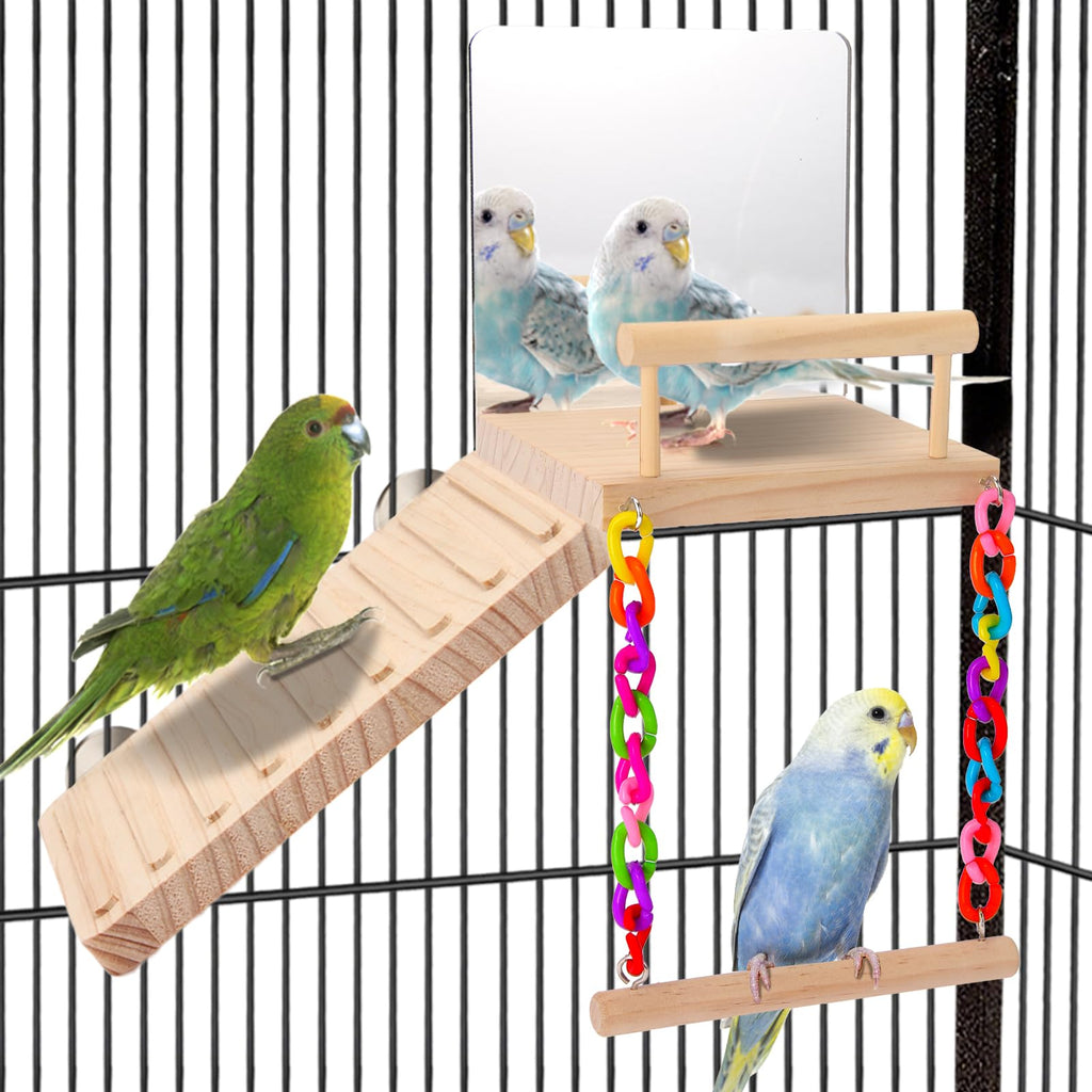 KyoukiBird Perch Platform Bird Toys with Bird Mirror Climbing Ladder Swing, Parakeet Cage Accessories - for Cockatiels, Lovebirds, Budgies,Pacific