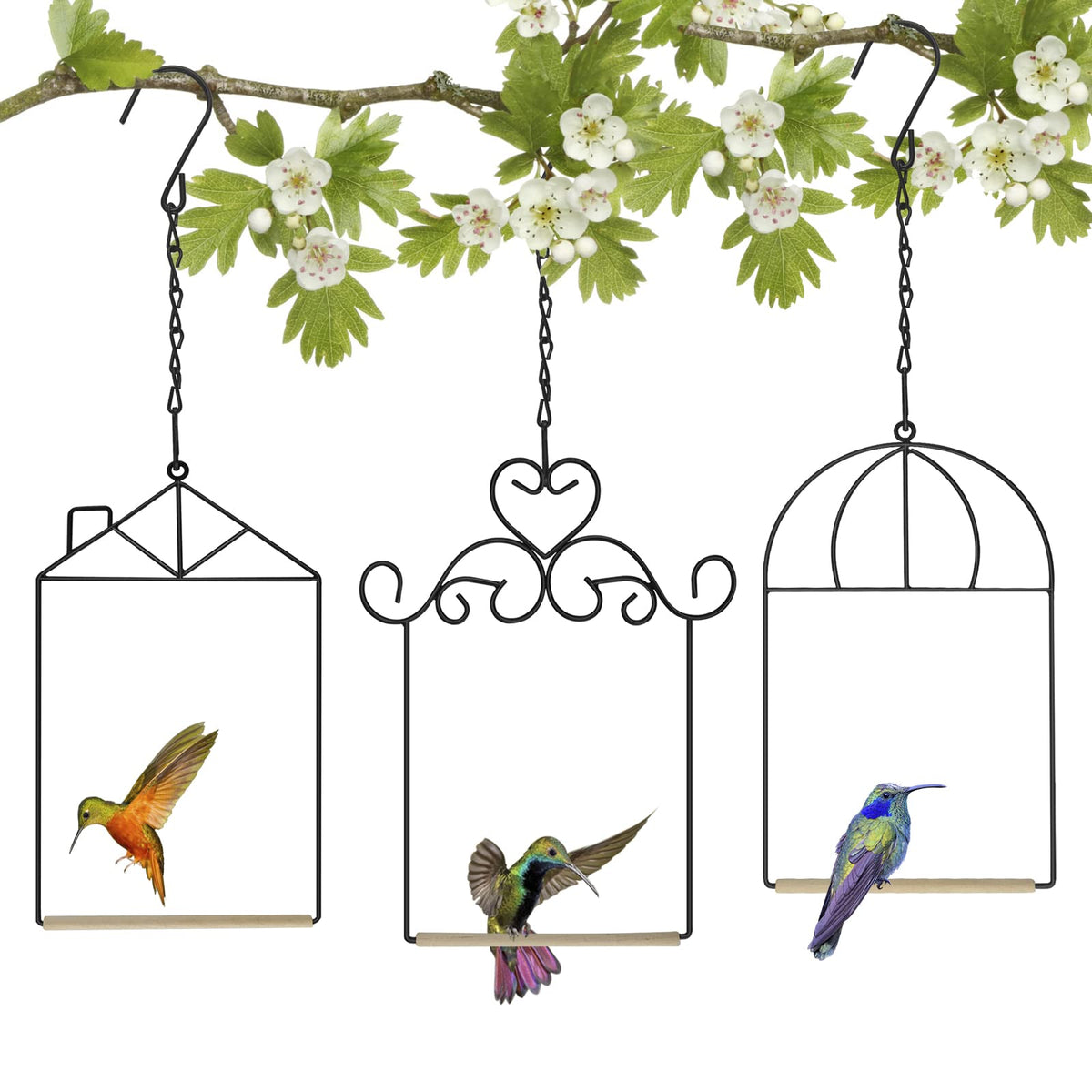 3PK Metal Frame Hummingbird Swings and Perches with Wooden Dowel Black Bird Swing Outdoor Bird Perch Humming Bird Swing