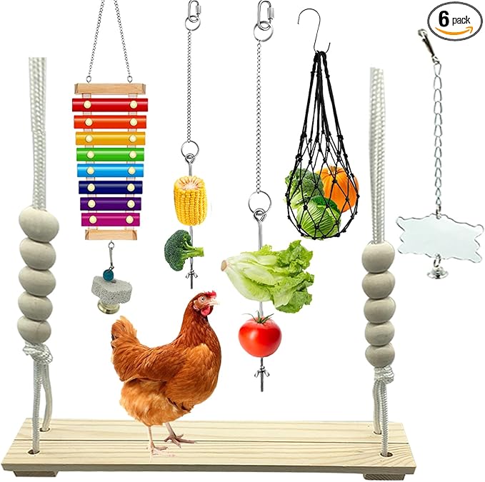 6 Packs Chicken Toys for Coop Accessries, Chicken Swing Toys for Chicken Hens, Chicken Xylophone Toys and Mirror, Vegetable Hanging Feeder, Veggies