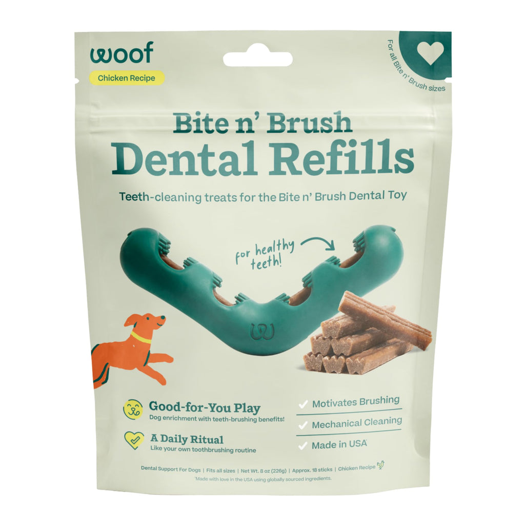 WOOF - Bite n' Brush Refills Treats for the Dog Toothbrush Toy - Scrub Plaque and Tartar from Your Dog's Teeth and Mouth - Dog Dental Sticks - 18