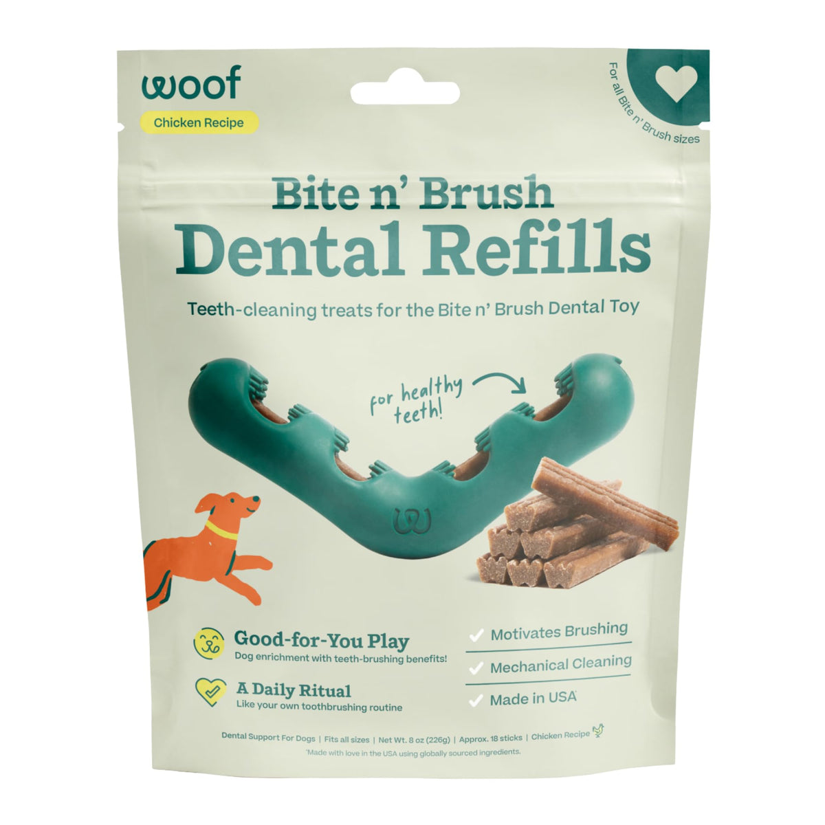 WOOF - Bite n' Brush Refills Treats for the Dog Toothbrush Toy - Scrub Plaque and Tartar from Your Dog's Teeth and Mouth - Dog Dental Sticks - 18