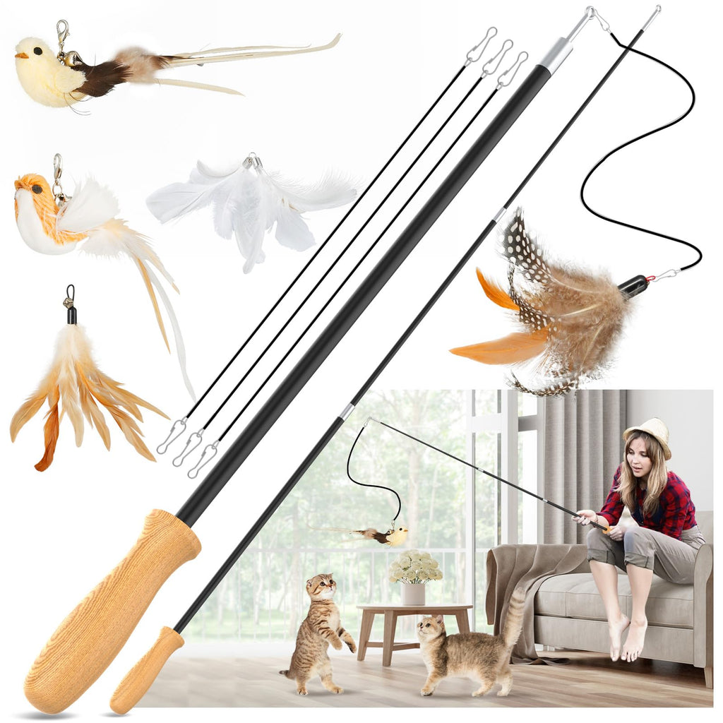 ROSAUI Cat Teaser Wand Toys, Interactive Bird Toys for Indoor Kittens, 42.15’’ Long Cat Fishing Pole Toys, 2Pcs Wires and 5Pcs Natural Refills