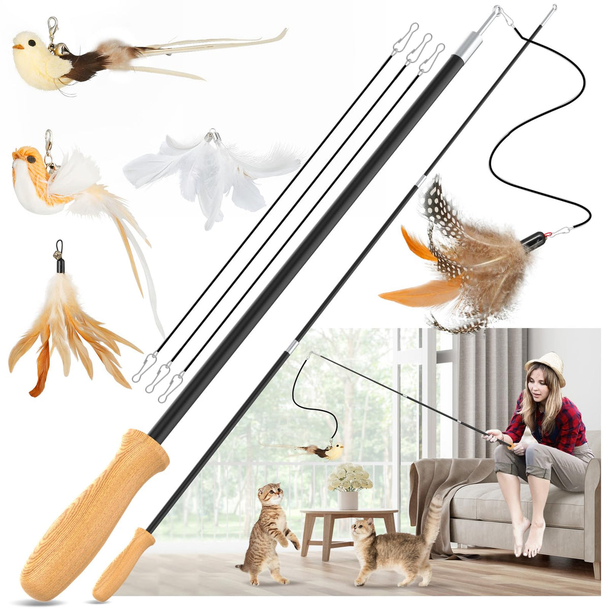 ROSAUI Cat Teaser Wand Toys, Interactive Bird Toys for Indoor Kittens, 42.15’’ Long Cat Fishing Pole Toys, 2Pcs Wires and 5Pcs Natural Refills