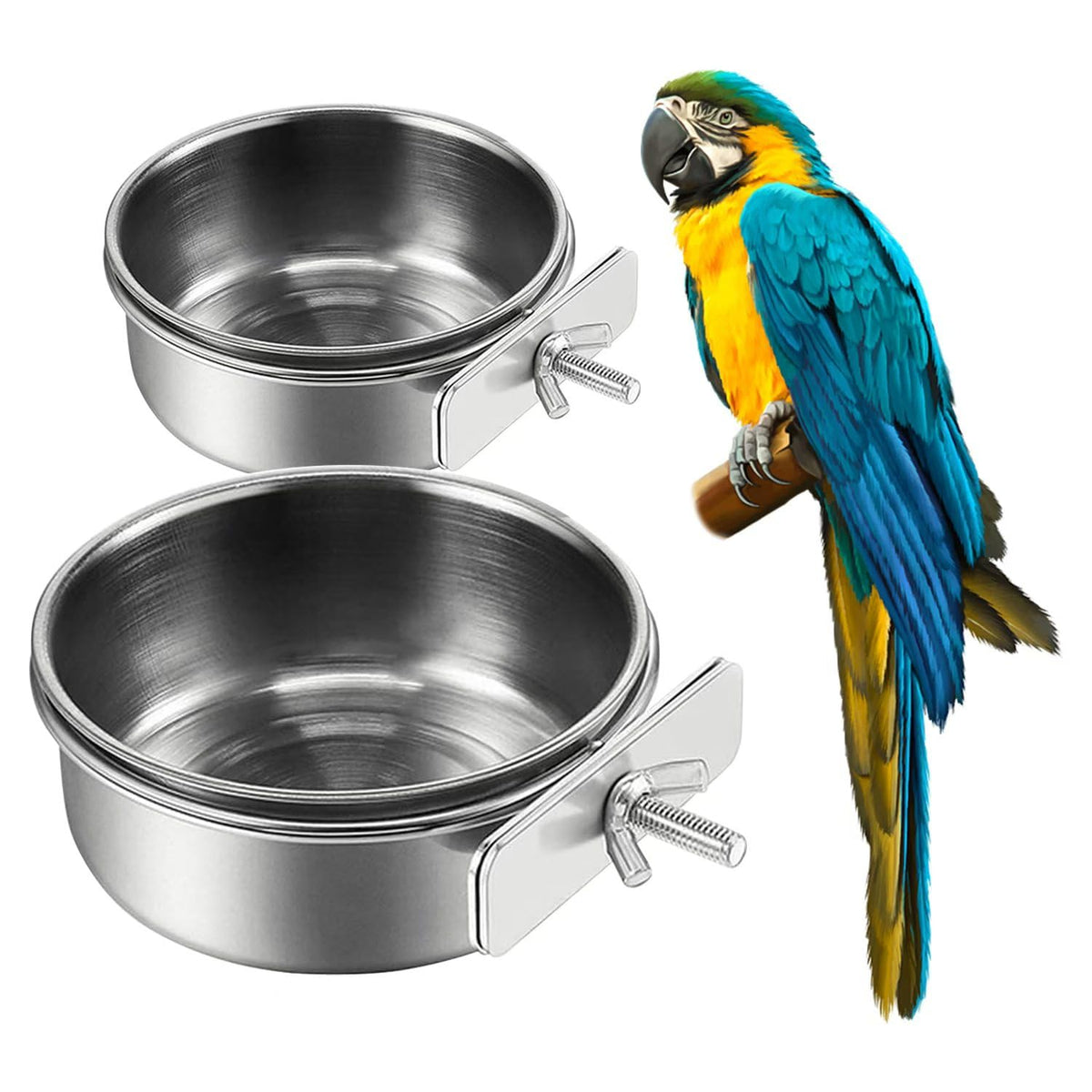 2Pcs Stainless Steel Bird Feeding Bowls, Small Bird Feeding Cup, Stainless Steel Parrot Food Bowl Cage with Holder, Parrot Cage Water Feeder, Pet