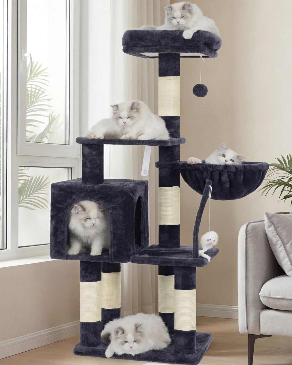 Heybly Cat Tree with Toy, Cat Tower Condo for Indoor Cats, Cat House with Padded Plush Perch, Cozy Hammock and Sisal Scratching Posts, Smoky Gray