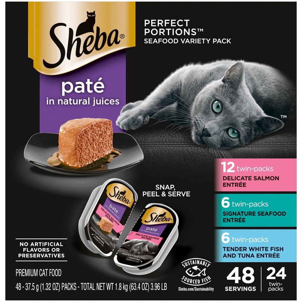 Sheba Perfect Portions Wet Cat Food Pate with Sustainable Salmon, Signature Seafood Entree, and Tender White Fish and Tuna Entree Variety Pack, 2.6