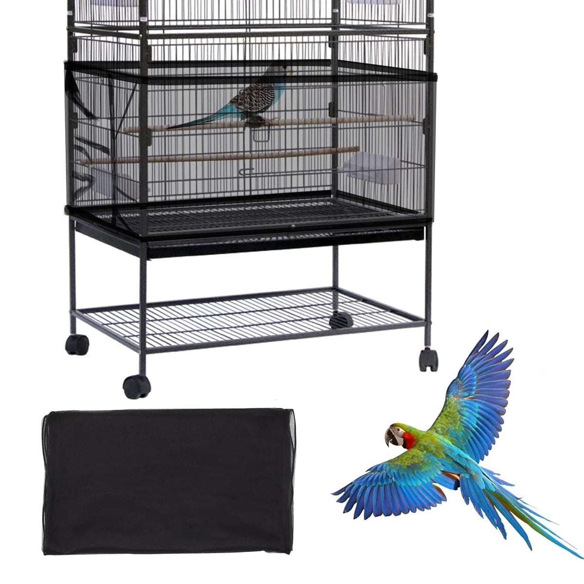 Daoeny Large Bird Cage Cover, Bird Cage Seed Catcher, Adjustable Soft Airy Nylon Mesh Net, Birdcage Cover Skirt Seed Guard for Parrot Parakeet Macaw
