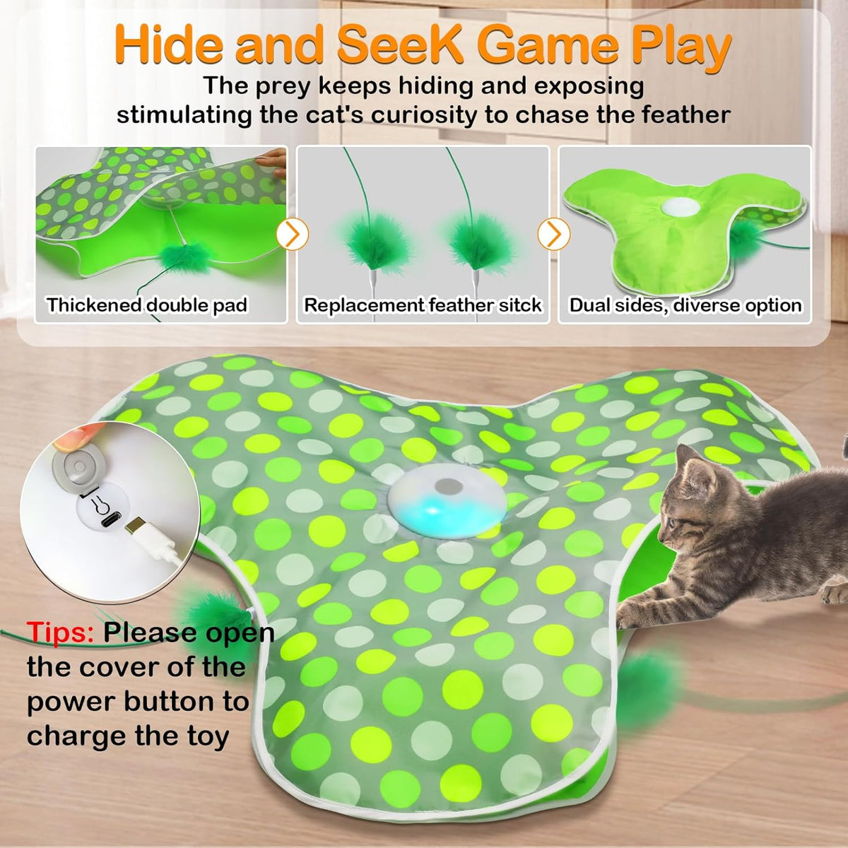 Interactive Cat Toys Rechargeable,Moving Concealed Feathers,Real Mouse Squeaky,Touch Activated Cat Kitten Toy Exercise Toys for Indoor Bored Adult
