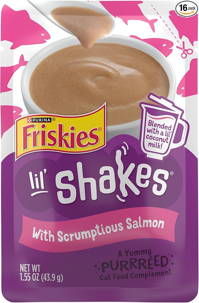 Purina Friskies Pureed Cat Food Topper, Lil’ Shakes With Scrumptious Salmon Lickable Cat Treats - (Pack of 16) 1.55 oz. Pouches