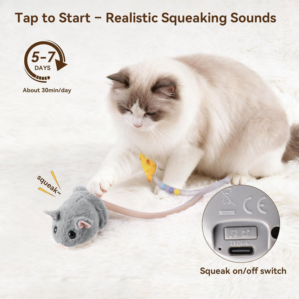 Migipaws Interactive MigiMouse Cat Toy 360° Rolling & Spin with Wiggling Tail for Indoor Cats Smart Motion Sensor, Realistic Squeak, Rechargeable