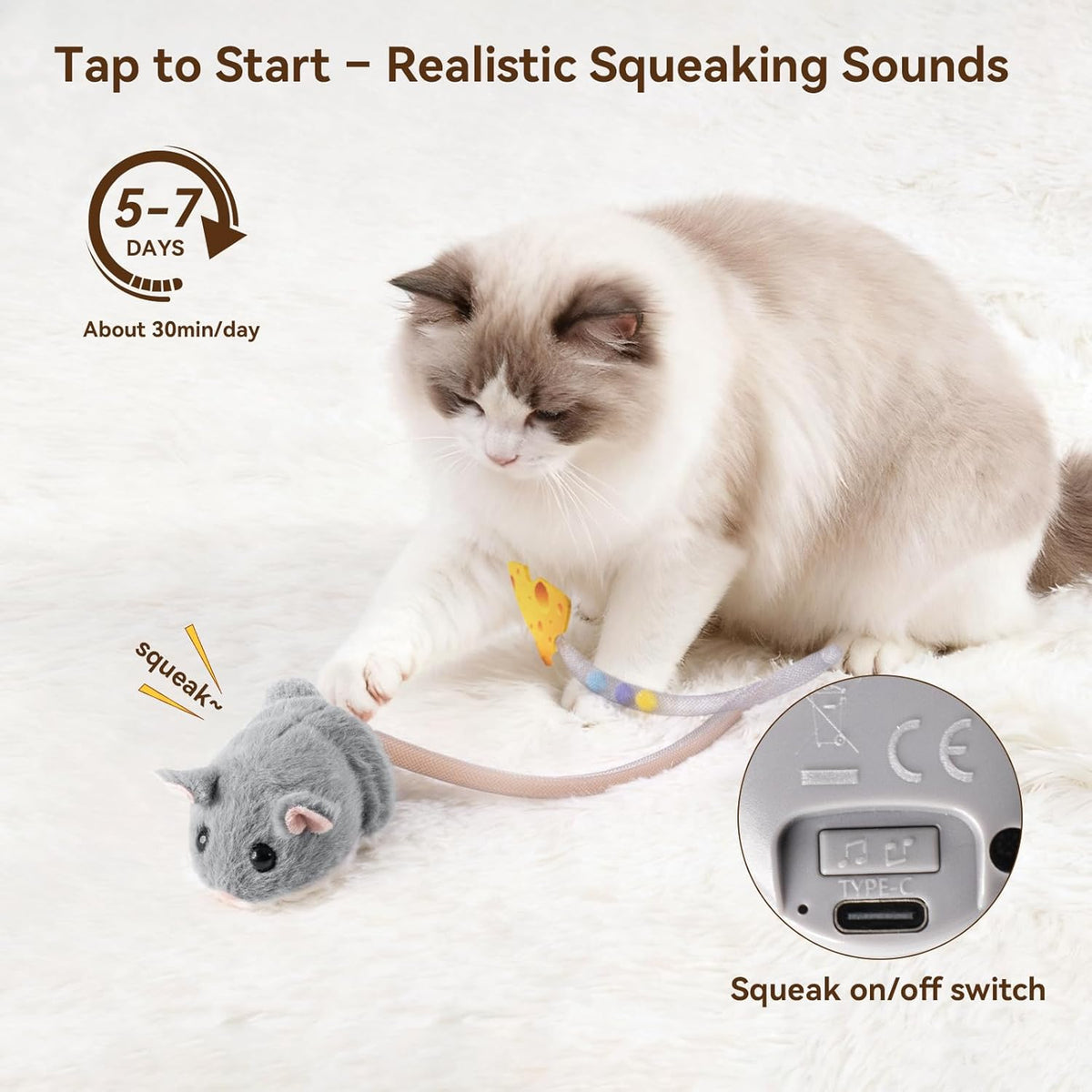 Migipaws Interactive MigiMouse Cat Toy 360° Rolling & Spin with Wiggling Tail for Indoor Cats Smart Motion Sensor, Realistic Squeak, Rechargeable