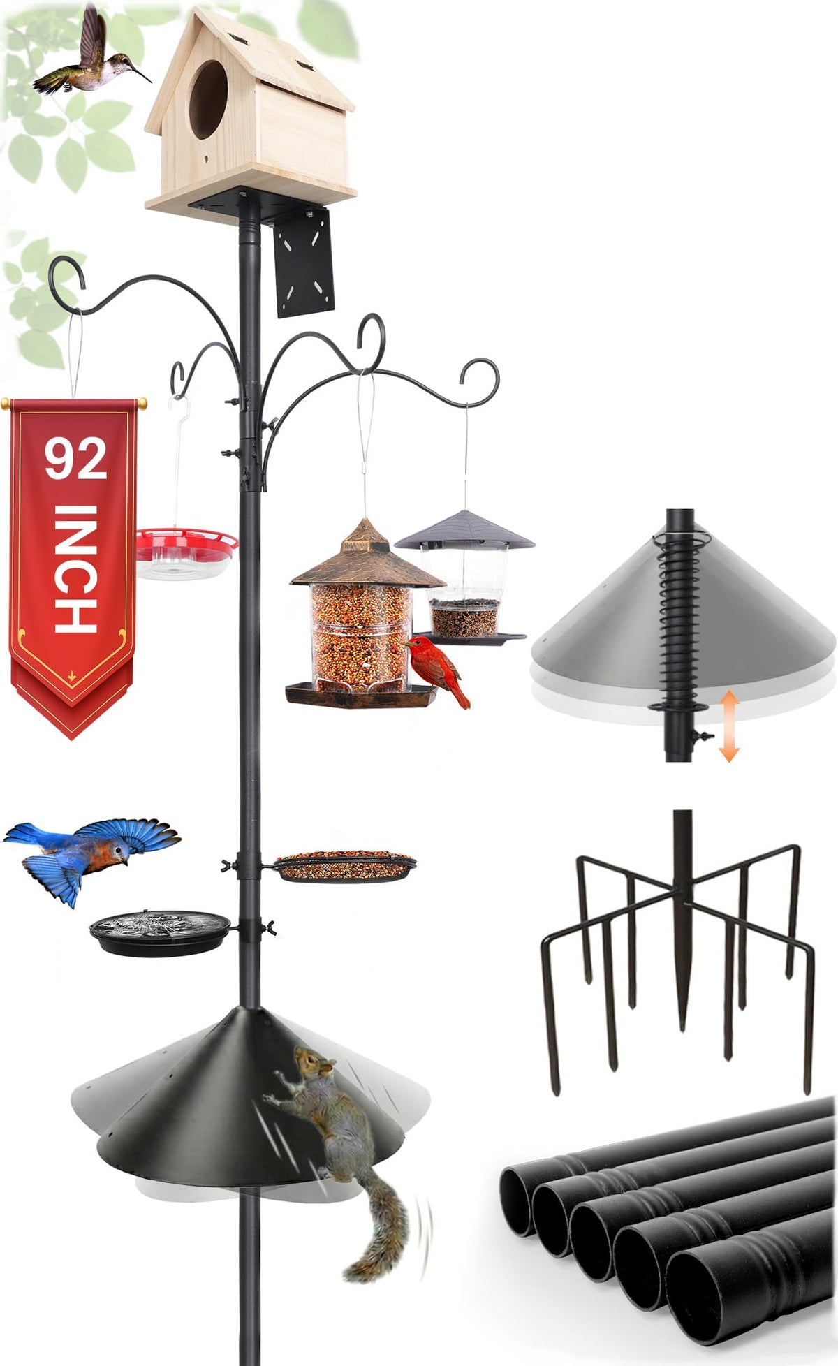 eWonLife 92 Inch Squirrel Proof Bird Feeder Pole with 9 Prongs Base, 1 Inch Dia Bird House Pole, Heavy Duty Bird Feeder Stand, Adjustable Shepherds