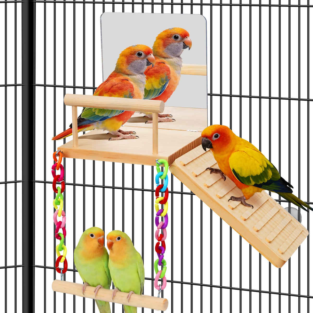 Bird Perches Platform Swing with Bird Mirror Climbing Ladder Birds Toys Cage Accessories for Cockatiels, Lovebirds, Pacific Parrotlets,Chinchilla
