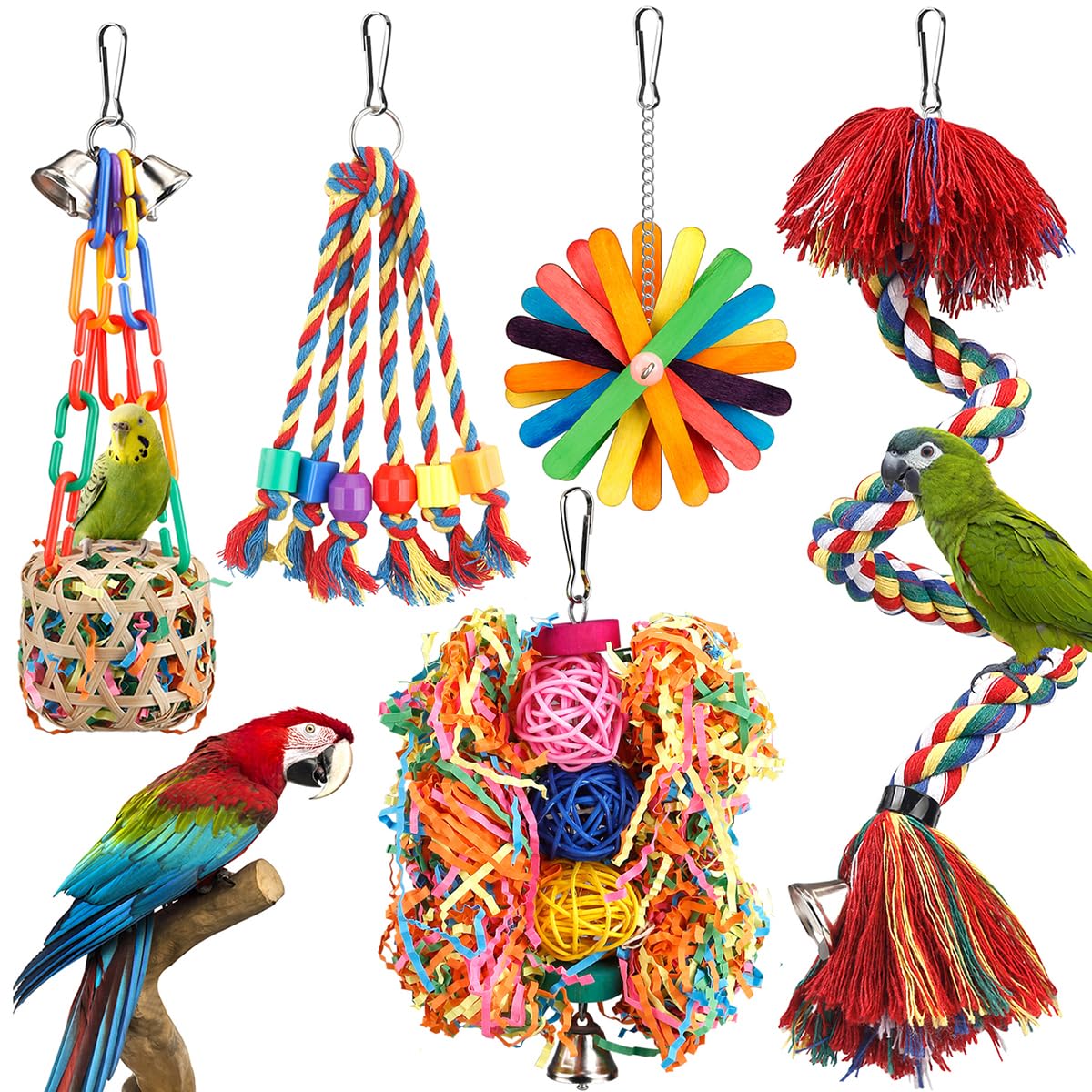 Bird Toys Rope Perch with Bell Colorful Bird Chewing Shredding Foraging Toys Parrot Swing Climbing Standing Hanging Toys Cage Accessories for Conure