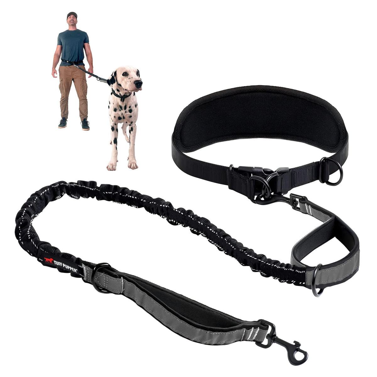 Tuff Pupper Heavy Duty Hands Free Dog Leash | One Large Dog Up to 125 lbs | Comfortable Shock Absorbing Bungee | Reflective Padded Handles | Lumbar