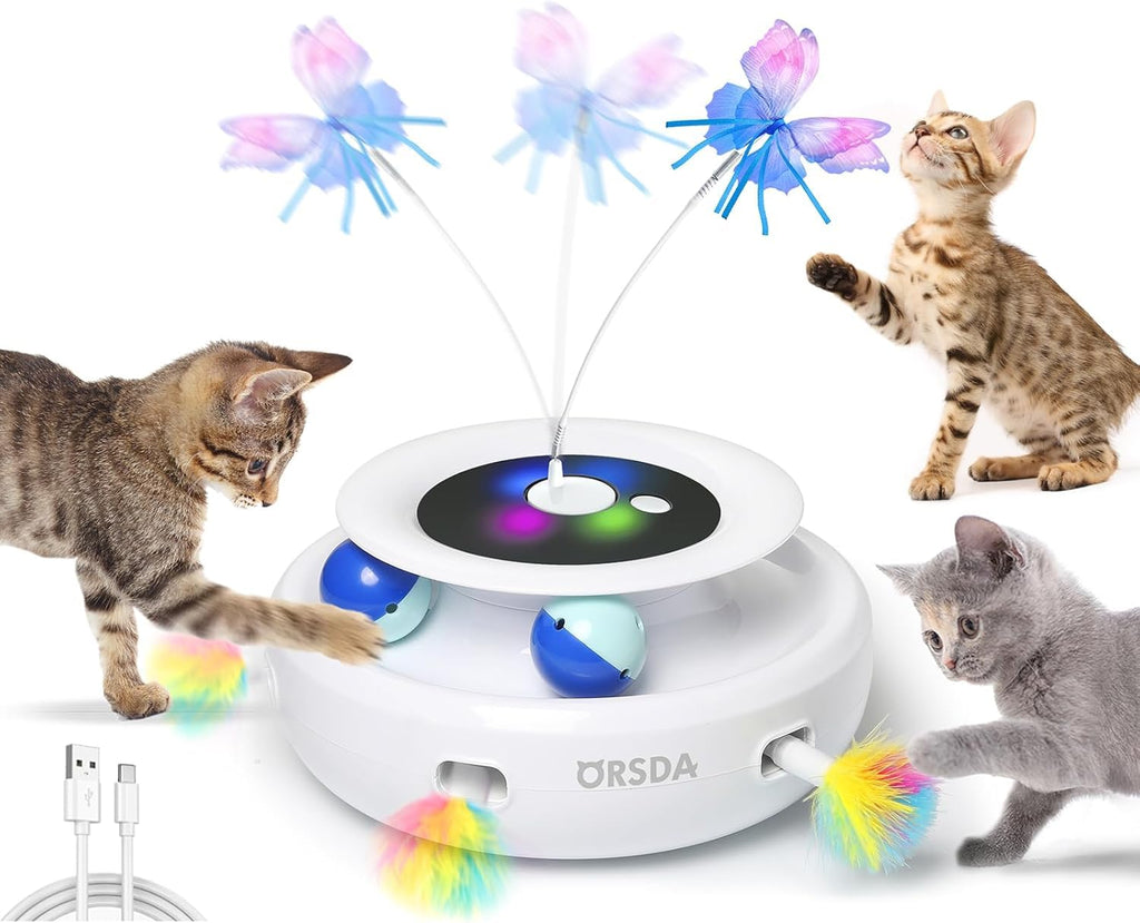 ORSDA Cat Toy, 3-in-1 Automatic Interactive Electronic Moving Ambush Feather, Fluttering Butterfly, Track Balls, USB Rechargeable Powered Smart