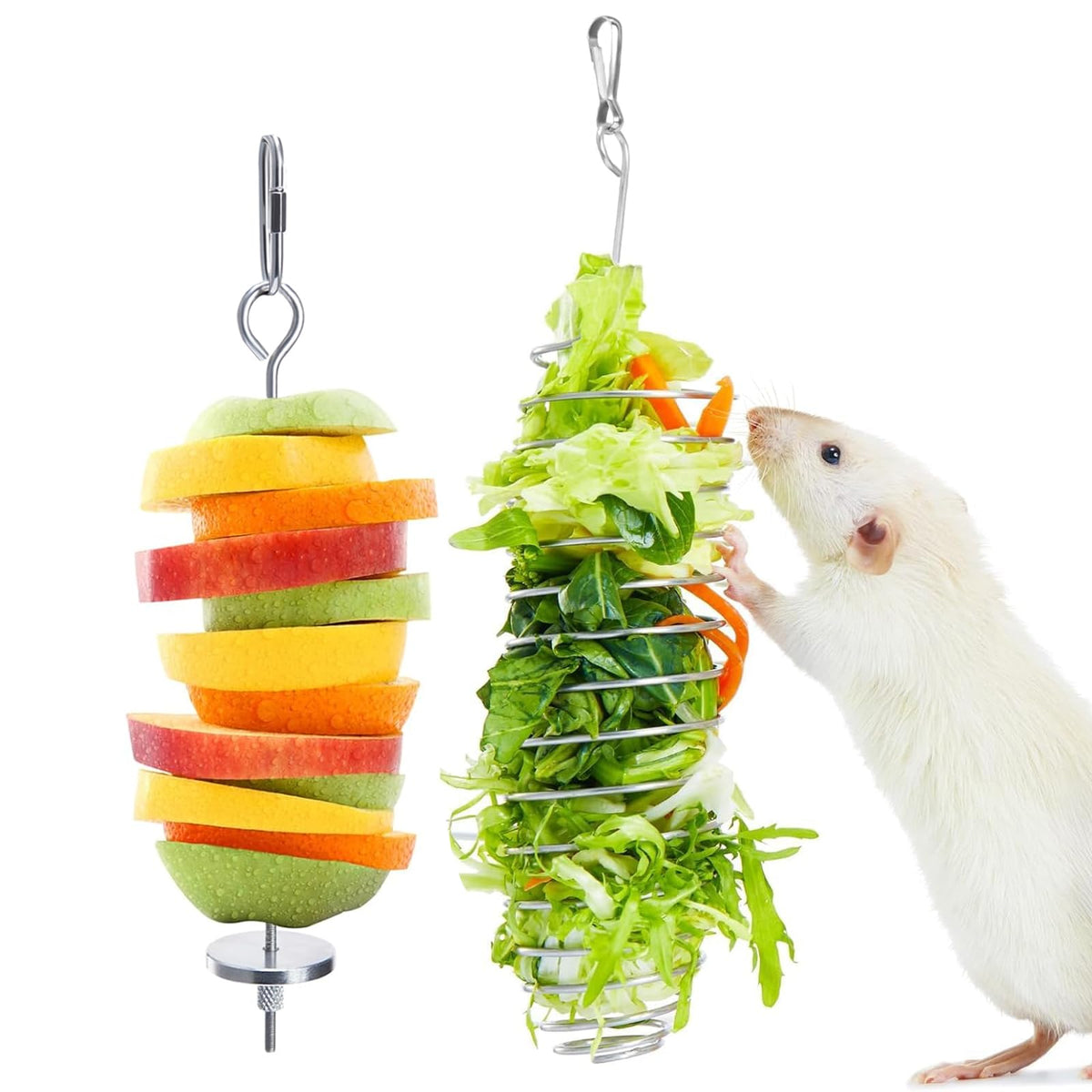 2Pcs Rat Enrichment Toys, 304 Stainless Steel Rat Foraging Toy for Fruit Vegetable Holder, Fancy Mice Cage Accessories Puzzle Toy, Hanging Rodent
