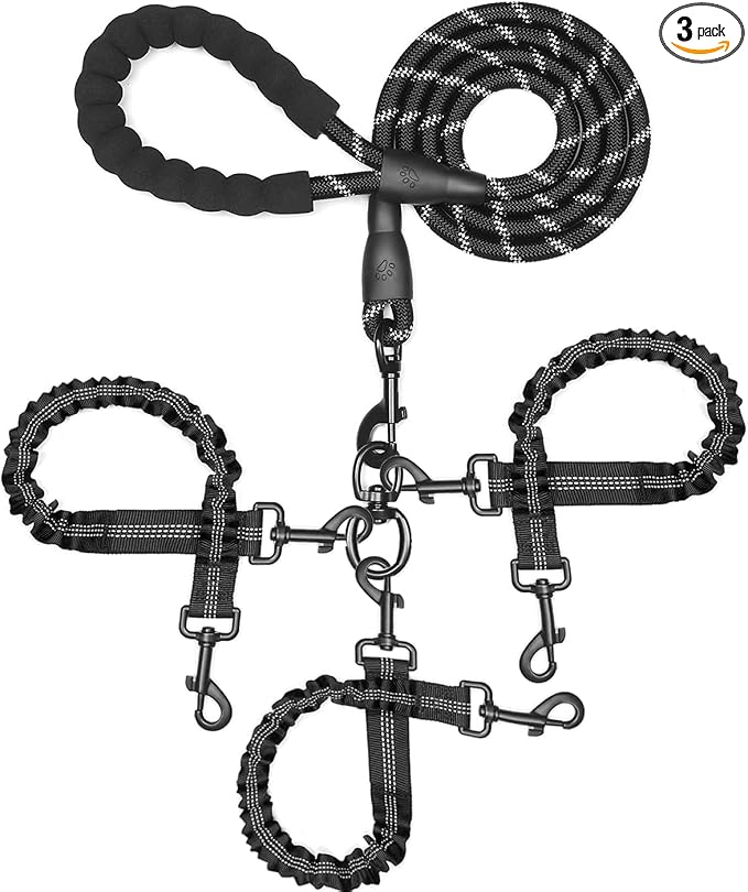 3 Dog Leash No Tangle, Heavy Duty Multiple Dog Lead Shock Absorbing Bungee with Padded Handle Removable Pet Traction Walking Rope for Medium Large