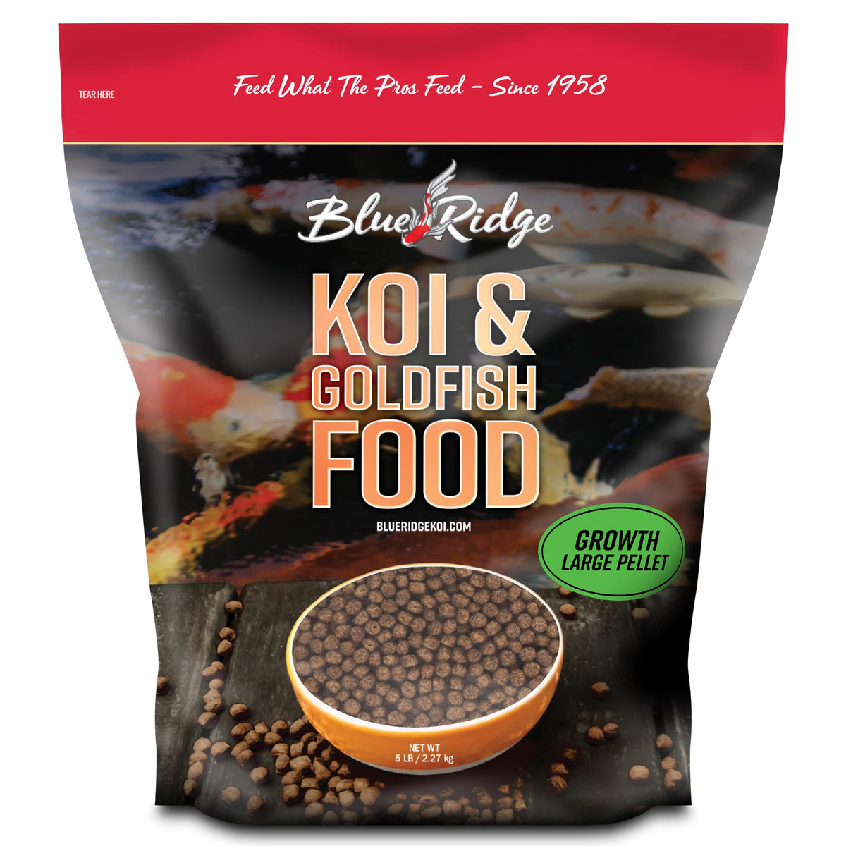 Blue Ridge Koi Fish Food 5lb - Koi Food Large 3/16" Growth Formula, Goldfish Food, Premium Fish Food for Ponds, Ponds Fish Food, Floating Pond Pellets