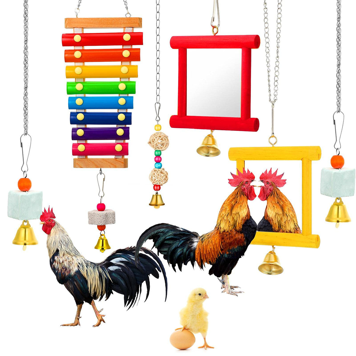 Sumind 6 Pieces Chicken Mirror Chicken Toys for Coop with Bells, Hen Xylophone Toy with 8 Metal Keys, Parrot Grinding Stone, Sepak Takraw Toy