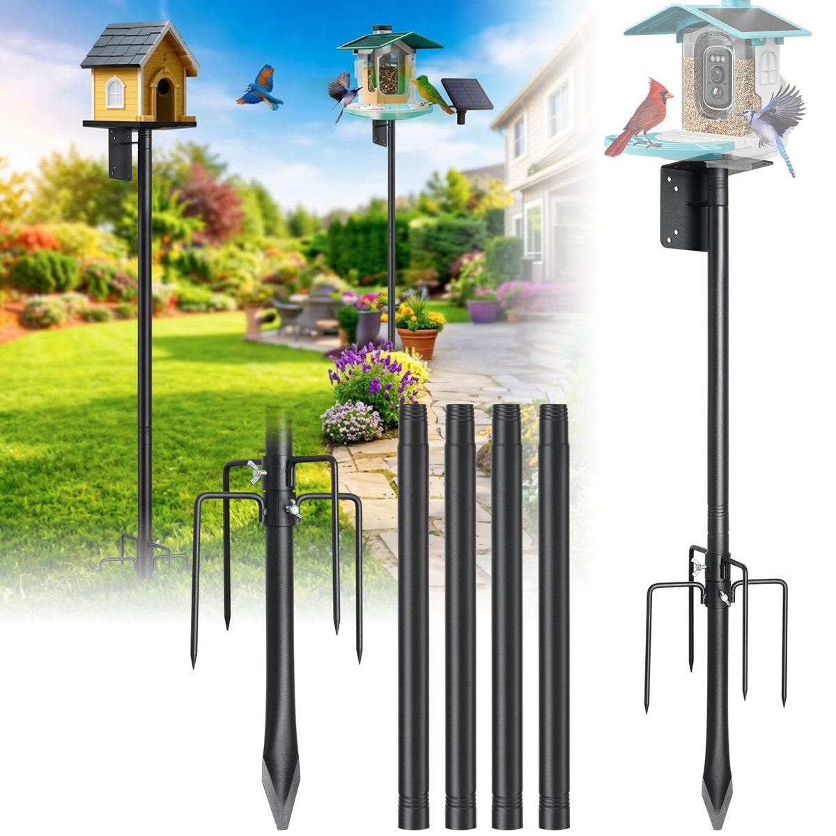 Heavy Duty Bird Feeder Pole - 75" Adjustable Birdhouse Stand Outdoor, Anti-Tip Stakes & Stable Mount for Smart Camera Birdfeeder,Bluebird House, Bird